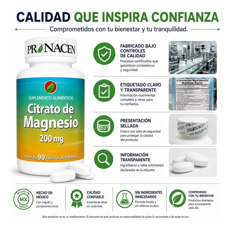 Citrato de Magnesio Pronacen en Tabletas de 500 mg, Suplemento