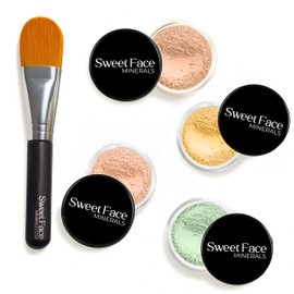 CONCEALER & CORRECTOR KIT with BRUSH (5 gram Sample Size Jars) Mineral Makeup Set Bare Skin Matte Powder (Medium Shade Mineral Concealer, Pink Bisque Concealer, Green Corrector, Yellow Corrector)