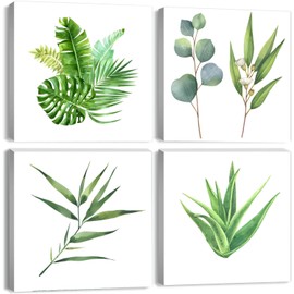 JOFANG 4PCS Canvas Wall Art- Green Tropical Fern Plant Framed Wall Art for Living Room Pictures for Bedroom Walls Bathroom Decor Kitchen Pictures Wall Decor-12x12in