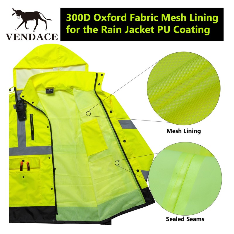 VENDACE Hi Vis Rain Jacket,Reflective Rain Coat for men Waterproof,Class