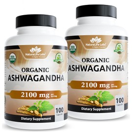 NaturaLife Labs Organic Ashwagandha 2100 mg per Serving – Herbal Supplement Root Powder & Extract – 100 Capsules – Vegan, Non-GMO, Gluten-Free (2 Pack)