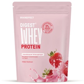 BRAINEFFECT Whey Digest Protein Powder - 22 g Whey Protein with Digestive Enzymes & Lactase - Easily Digestible, Lactose Friendly, for Muscle Building & Regeneration - Strawberry - 600 g