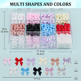 Bow Nail Charms and Flatback Pearls Set 2, 600 Pcs 11 Colors Cute Shiny Bow Charm Nail Jewels and 2-4mm White Nail Pearls for Nail Art DIY Decoration with Pickup Tools