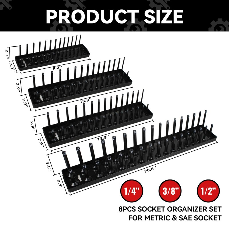 8PCS Socket Organizer Tray Set,SAE & Metric Socket Trays, 2PCS