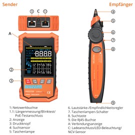 Proster Netzwerkkabel-Tester PoE mit VA Farbdisplay, Kabel-Längenmessung, NCV-Erkennung, Digital & Analog Suchmodus, PoE-Spannungstest für CAT5, CAT6 CAT7 CAT8 Ideal für IT-Profis Netzwerktechniker