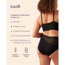 saalt Lace High Waisted Period Underwear – Leakproof, Silky Soft, Recycled Fabric, Full Coverage - Regular Absorbency - Volcanic Black - X-Small
