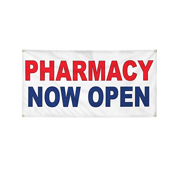 Vinyl Banner Multiple Sizes Pharmacy Now Open Red Blue Business Outdoor Weatherproof Industrial Yard Signs 8 Grommets 48x96Inches