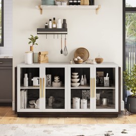 BELLEZE Sideboard Buffet Cabinet, Modern Wood Glass-Buffet-Sideboard with Storage, Console Table for Kitchen, Dining Room, Living Room, Hallway, or Entrance - Brixston (White)
