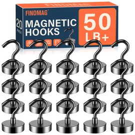 FINDMAG 20 Pack Magnetic Hooks, 50lbs Strong Magnetic Hooks Heavy Duty for Hanging, Magnets with Hooks for Cruise Cabin, Classroom, Office, Grill, Heavy Duty Magnetic Metal Hooks for Refrigerator