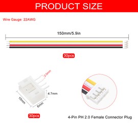 Lyeteung 30 Sets JST 2.0 PH 4 Pin Connectors, Mini Micro JST 2.0 mm 4-Pin Connector with 150 mm 22AWG Cable & Female
