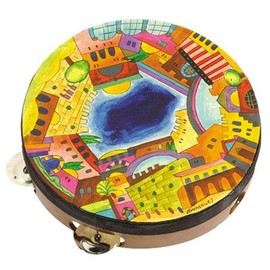 Yair Emanuel Hand Painted Leather Jerusalem Design Tambourine (TM-1)
