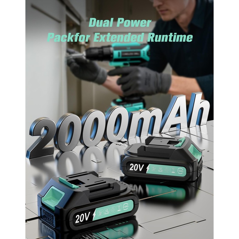 Cordless Drill, 20V MAX Power Drill Set with 2 Batteries