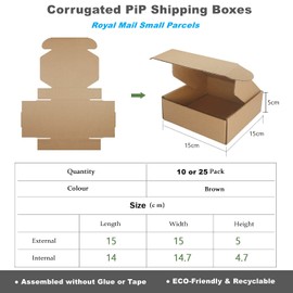 Corrugated Cardboard Shipping Boxes, 15×15×5cm Royal Mail Small Parcel PiP Postal Boxes, Brown Packaging Mailing Boxes for Business, Posting, Storing or Gift (Pack of 10)
