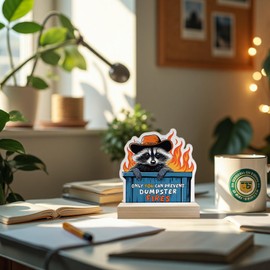 DEQSX Dumpster Fire Desk Accessories, Only You Can Prevent Funny Raccoon Meme Trash Panda Shaped Wooden Sign Plaque with Stand for Home Office Desk Table Shelf Decor, Dumpster Fire Raccoon Gifts