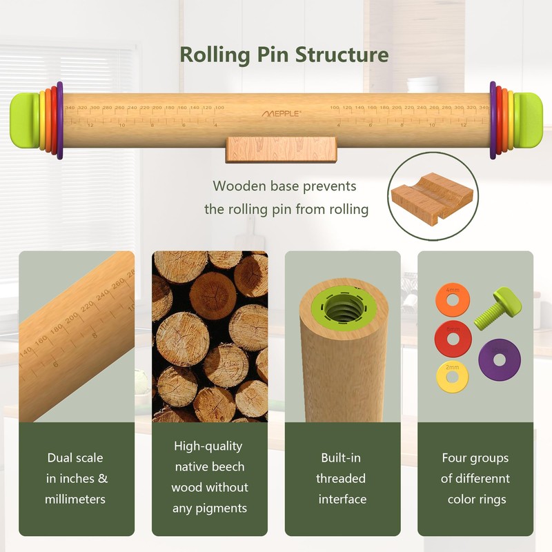 Mepple Rolling Pin with Thickness Rings for Fondant, Pizza, Pie