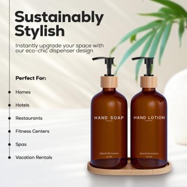 Amber Glass Soap Dispenser Bathroom Set by Brighter Barns - Soap and Lotion Dispenser Bathroom Set with Tray- Liquid Hand Soap Dispenser and Pump - Bamboo Home Accessories & Modern Bathroom Decor
