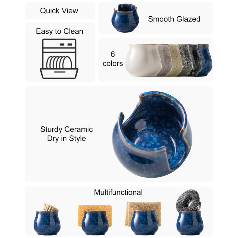 Zoeeker Ceramic Sponge Holder, Kitchen Sink Scrub Caddy Organizer Dish