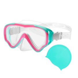 Kids Swim Goggles with Nose Cover Anti-Fog Shatterproof PC Lens Snorkel Diving Mask Scuba Diving Swimming Mask for Children 4 - 14 Age (Cyan Pink)