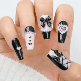 Sethaxy Handmade Nail Tip, Very Long, Mine-based False False Nails, Coffin Tip, Cute, Fashion, Fashion, Rhinestones, 3D Nails, Nail Sticker (Black, Pink 2)