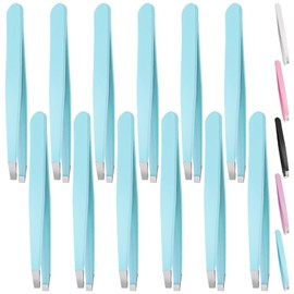 Swpeet 12Pcs 3.79 Inches Blue Eyebrow Tweezers Stainless Steel Slant Tip Tweezers Kit, Professional Eyebrow Facial and Hair Remover, Slant Pointed Precision Tweezers Fits for Men and Women