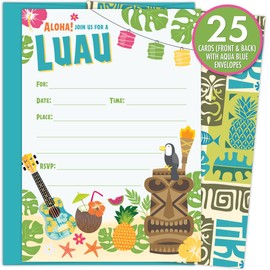 Luau Party Invitations with Aqua Blue Envelopes for Birthdays, Bridal Showers, Baby Showers, Summer Parties, Rehearsal Dinners and Bachelorette Parties. Set of 25 Fill-in invitations and Envelopes