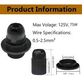 TWDRTDD® Candelabra e12 base Bakelite threaded keyless light lamp socket with Metal Shade Ring (3, Black)