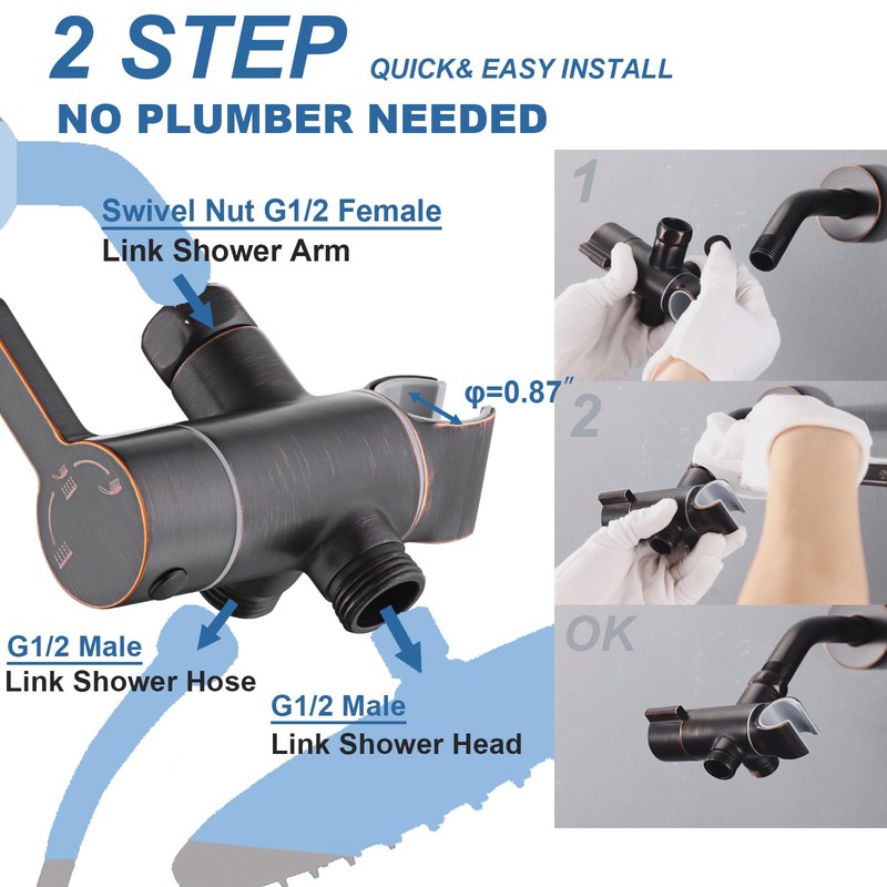 3 Way Shower Diverter Valve with Hand Shower Holder, G1/2