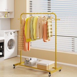 Sywhitta Clothing Rack on Wheels with Storage Shelf & Sturdy Metal Frame, Retail Clothing Rack for Hanging Clothes, Coats, Skirts,Space-Saving Mobile Organizer for Closet, Bedroom, Laundry Room, Gold