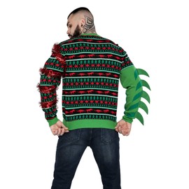 U LOOK UGLY TODAY Men's Ugly Christmas Jumper Funny Xmas Sweater Top with Tinsel - Tree-Rex Wrecker