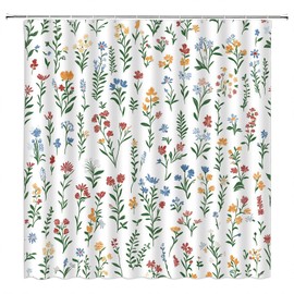 Floral Plant Shower Curtain Rustic Wildflower Retro Herbs Leaves Nature Botanical Boho Fabric Decorative Bathroom Curtains with Hooks,Green White Yellow