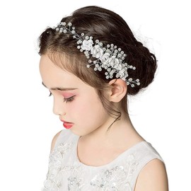 IYOU Princess Crystal Headpiece White Flower Communion Headband Pearl Floral Bridal Hair Accessories for Flower Girls and Bridesmaid