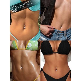 OUFER Belly Bars Internally Thread Belly Button Piercing 14G Grade23 Solid Titanium Double Shiny Cubic Zirconia Navel Piercing Navel Bar Belly Button Bars