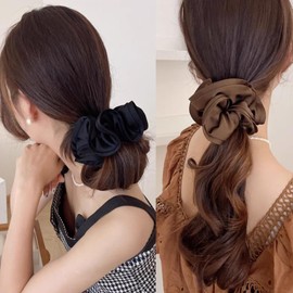 HAPVITAL Chou Chou Chiffon Chou Fashionable Adult Hair Rope Hair Elastic Adult Elegant Hair Accessory Satin Simple Hair Accessory Hair Ornament Large Solid Extra Large (Black + Dark Brown)