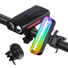 Bike Light Front and Back Rechargeable, 2025 New Bicycle Headlight and RGB Tail Light Set with Turn Signal, Wireless Bike Headlight with Bike Horn and 15 Modes Rainbow Bike Light for Night Riding