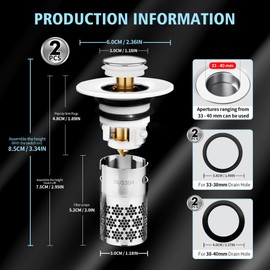 Pack of 2 Upgraded Bathroom Sink Plug, 304 Stainless Steel Pop Up Drain Strainer, Metal Drain Plug, Universal, Sink Plug, with Filter Strainer, Drain Plug for Bathroom, Sink and Kitchen, White (33-40