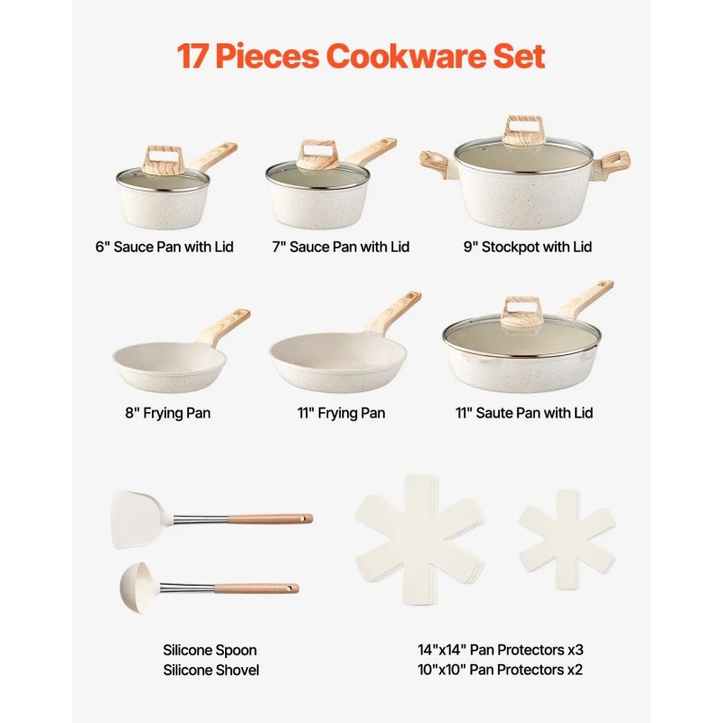 17-Piece White Granite Nonstick Induction Cookware Set Pots Pans for