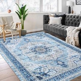 Haperlare 9x12 Area Rugs Machine Washable Rug No Shedding Low Pile Carpet Area Rugs for Living Room Bedroom Dining Room Kitchen Entrance Home Office Indoor Rugs Blue