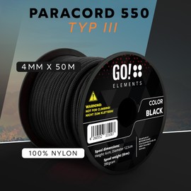 GO!elements 50 m Paracord Rope Made of Tear-Resistant Nylon Cord - 4 mm Paracord 550 Type III Cord - All-Purpose Rope and Cord - Max. 250 kg, Colour: Black