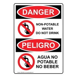 ComplianceSigns.com DANGER Non-Potable Water Do Not Drink - Agua No Potable No Beber OSHA Safety Label Sticker Decal, 7x5 in. Vinyl for Facilities