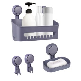Uten Suction Cup Shower Caddy, Soap Dish, Bathroom Hook -Drill-Free Storage Basket, Removable Shower Shelf Storage Basket, 4-in-1 Bathroom Set, Grey