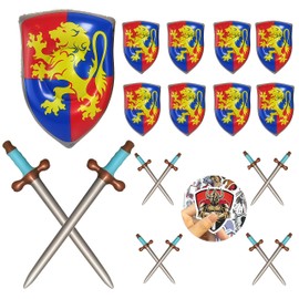 Ovimyne 16 Pcs Inflatable Swords and Shields Set, Medieval Party Decorations – Sword and Shield for Knight Party，with 60 Knight Emblem Stickers (16)