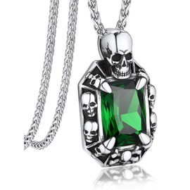 Bandmax Emerald Stone Pendant Necklace Stainless Steel Green Crystal Gemstone Necklace for Men Women Biker Gothic Rock Punk Skull Necklace