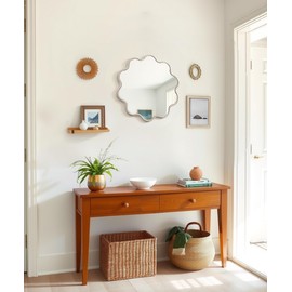 Maxpeuvon Wall Mirror, Farmhouse Round Mirror Boho Wall Decor with Beads Wavy Frame Hanging Circle Mirror for Living Room Entryway Bathroom Over Sink Hallway, 15x15 Inch