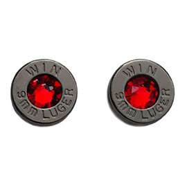 Black Rhodium Plated 9 Millimeter Ammo Bullet Cartridge Stud Earrings with January Themed Red Crystals