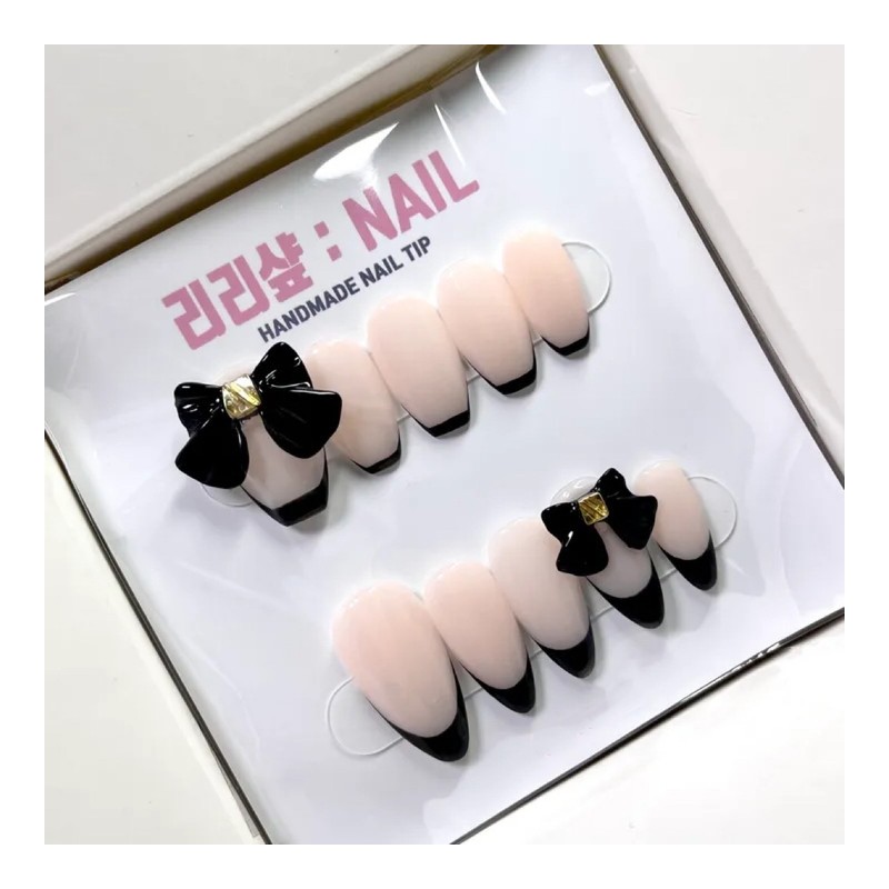 Black Ribbon Luxury Handmade Nail Tips - Short Almond /