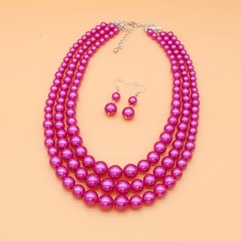 Utop Faux Big Pearl Necklace for Women Multi Strand Pearl Necklace and Earrings Set 3 Layers Pearl Necklaces 1920s Pearl Costume Jewelry Set (3 Strands Pearl Necklace Hot Pink)