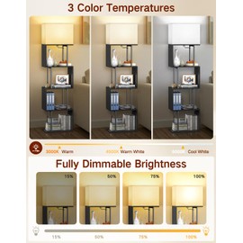 OUTONLIFE 5-Tier Floor Lamp with Shelves & Remote, Dimmable S-Shaped Bookshelf with 3 Color Temperature, 1-Hour Timer, Tall Corner Standing Lamp for Living Room, Bedroom, Office (Black)