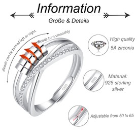 Deyanse Silver Anxiety Ring, 925 Sterling Silver Fidget Ring for Anxiety Women, Adjustable Open Stress Ring with Worry Beads, Anxiety Relief Ring with Cubic Zirconia, Stress Relief Gifts for Daughter