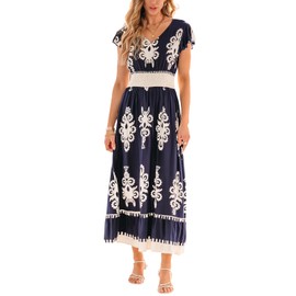 CUPSHE Women's Summer Midi Dress V Neck Ruffle Short Sleeve Smocked Waist Dress Navy Blue M