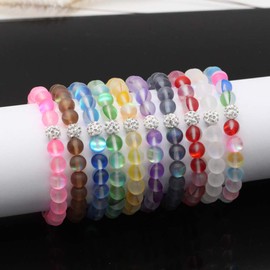 Africanbeads 5Pcs Mystic Mermaid Glass Bracelet with 8 mm Frosted White Glowing Moonstone Beads Stretch Bracelet with Rhistone Love Charm for Women Jewelry (Random)